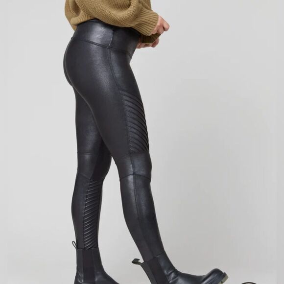 SPANX Moto Leggings Faux Leather Black Ribbed M - Picture 3 of 9